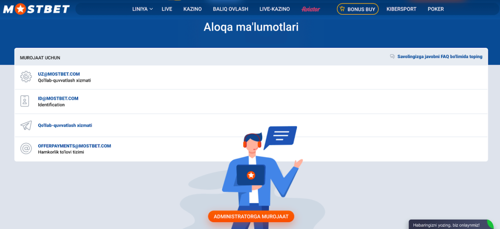 Mostbet rasmiy aloqa maʻlumotlari