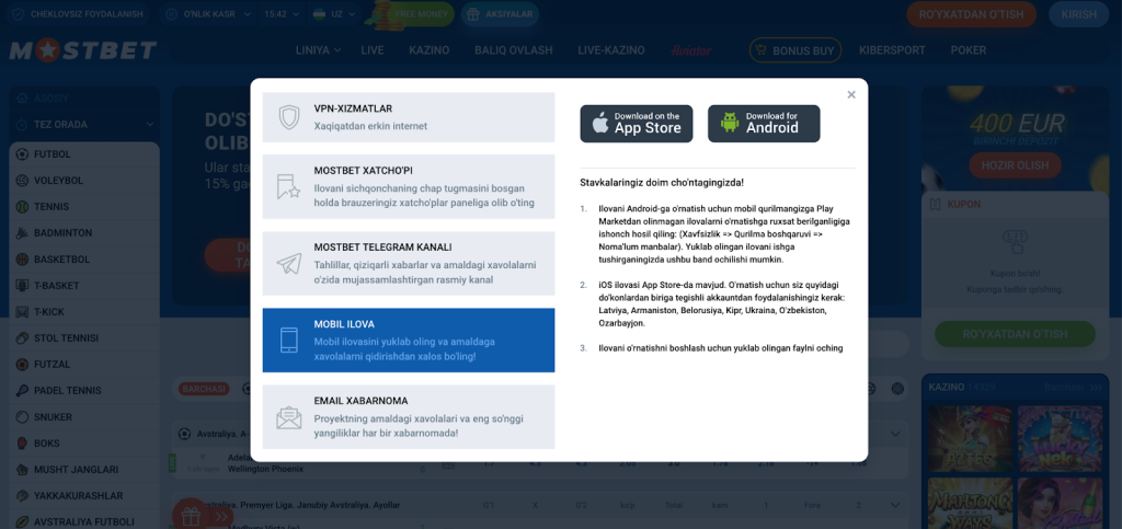 Mostbet saytida mobil ilovani yuklab olish oynasi 